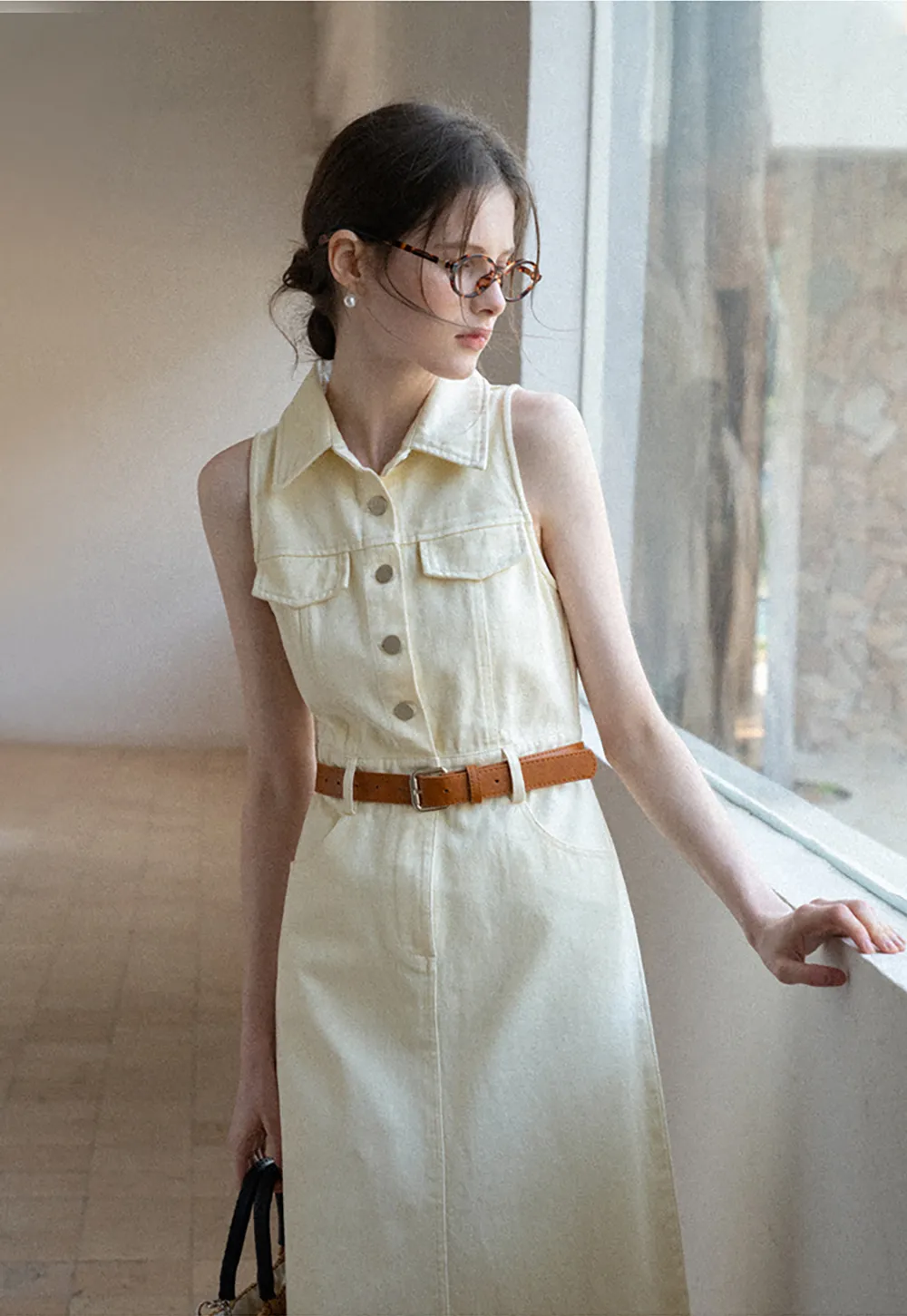 Sleeveless Collared Button Front Midi Dress