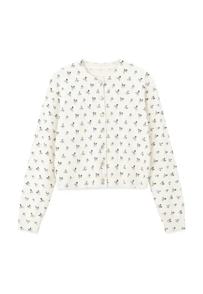 Floral Print Button Front Cardigan Wool Knit Sweater