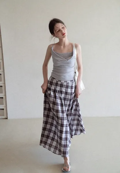 Plaid Pleated Midi Skirt