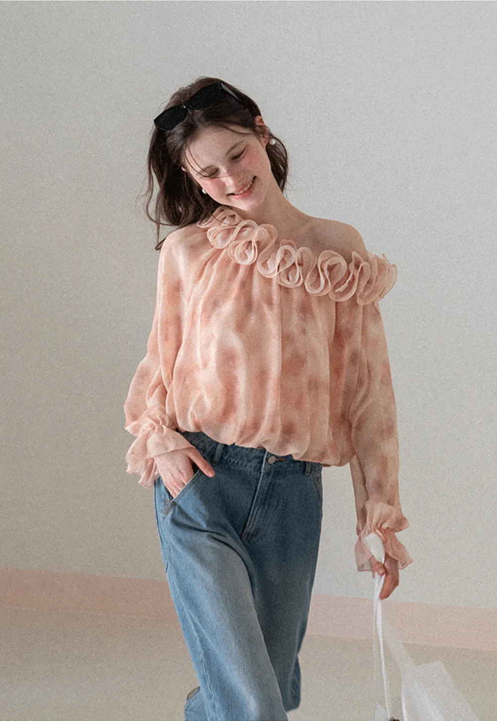 Off Shoulder Ruffled Lace Chiffon Blouse