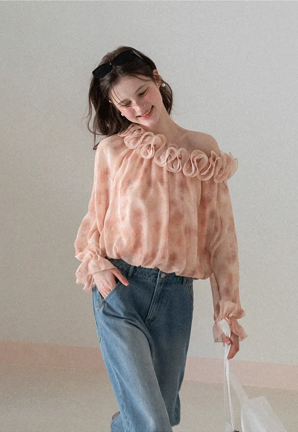 Off Shoulder Ruffled Lace Chiffon Blouse