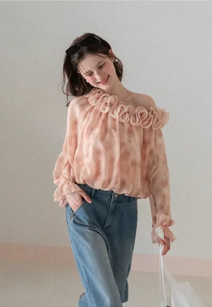 Off Shoulder Ruffled Lace Chiffon Blouse