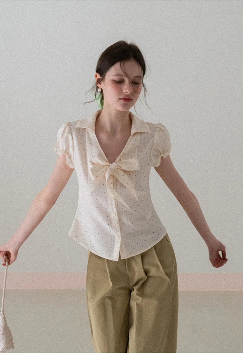 Short Sleeve Shirt with Bow Detail and Polka Dots
