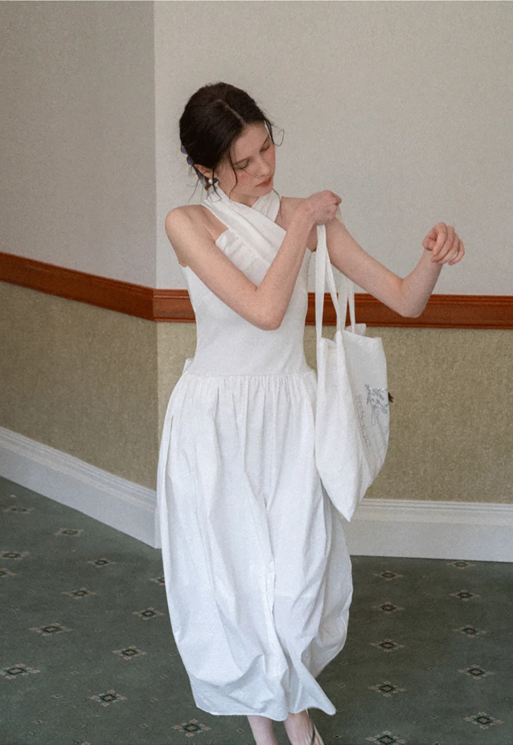 Halter Neck A Line Midi Dress with Pleated Skirt