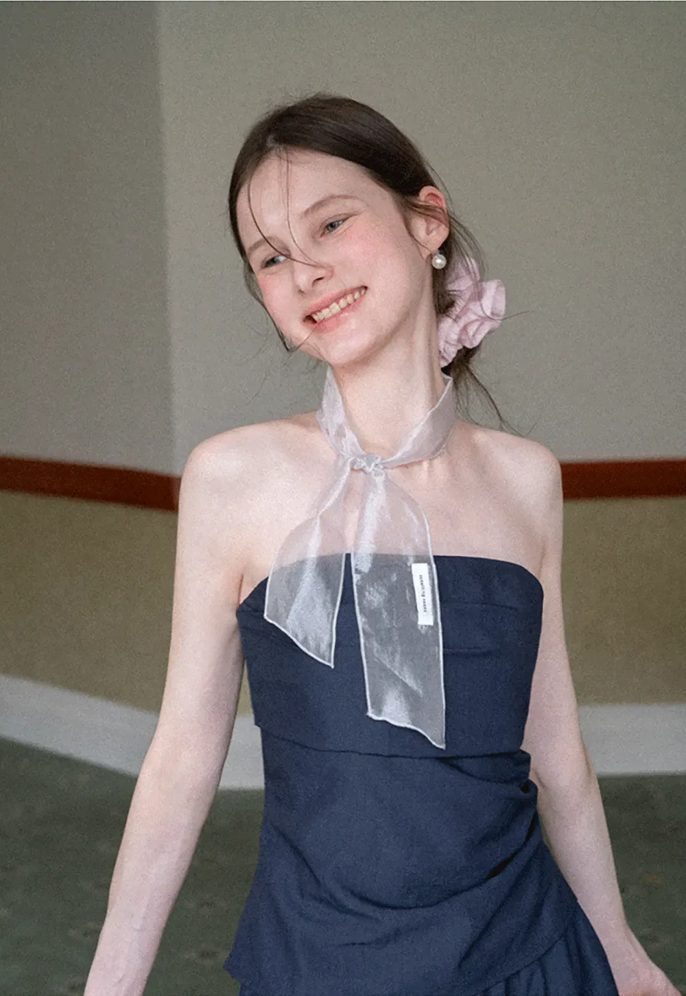 Strapless top with sheer neck tie and loose fit pants