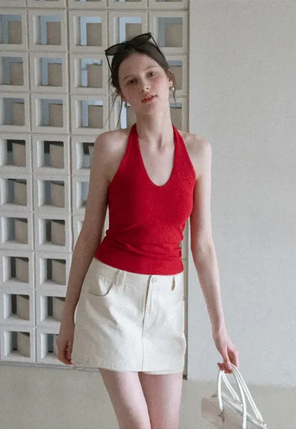 V neck halter tank top with fitted silhouette