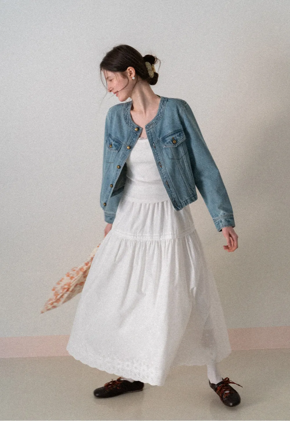 Denim short jacket with button front and chest pockets