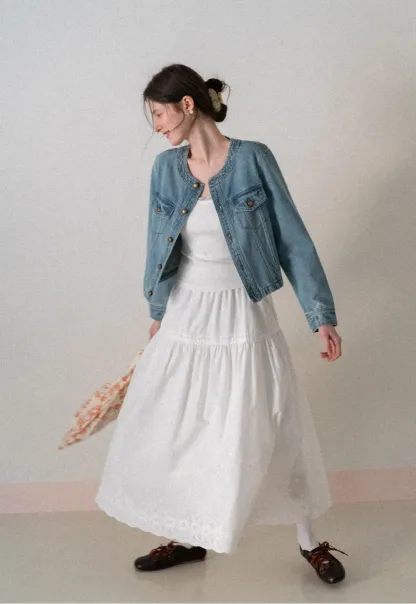 Denim short jacket with button front and chest pockets