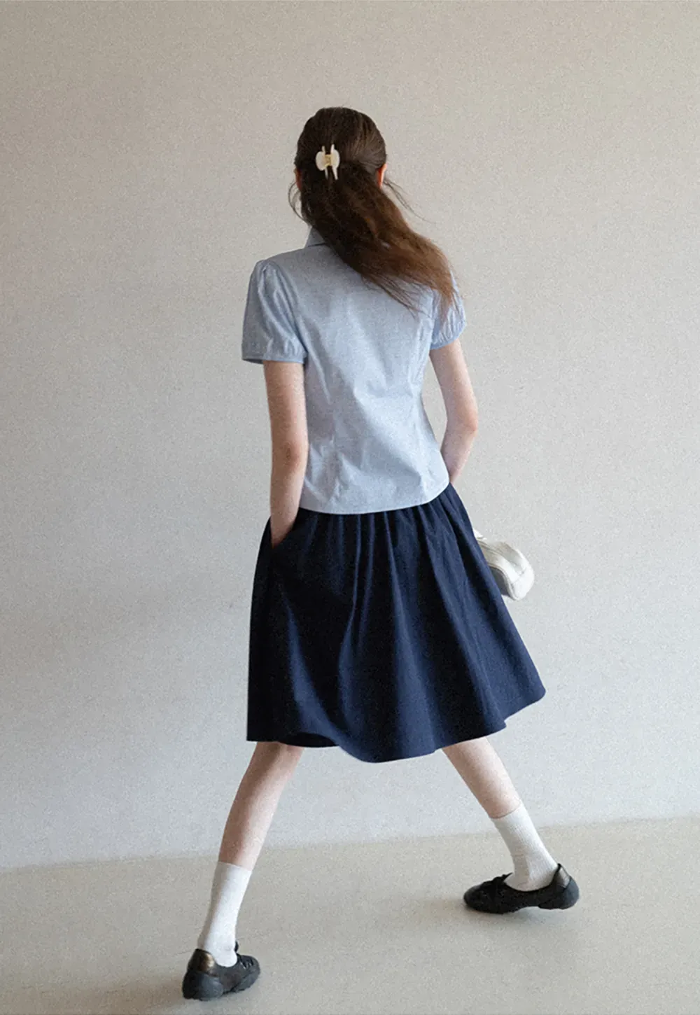 Short Sleeve Button Up Shirt with Pleated Detail