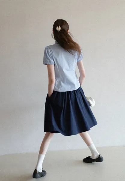 Short Sleeve Button Up Shirt with Pleated Detail