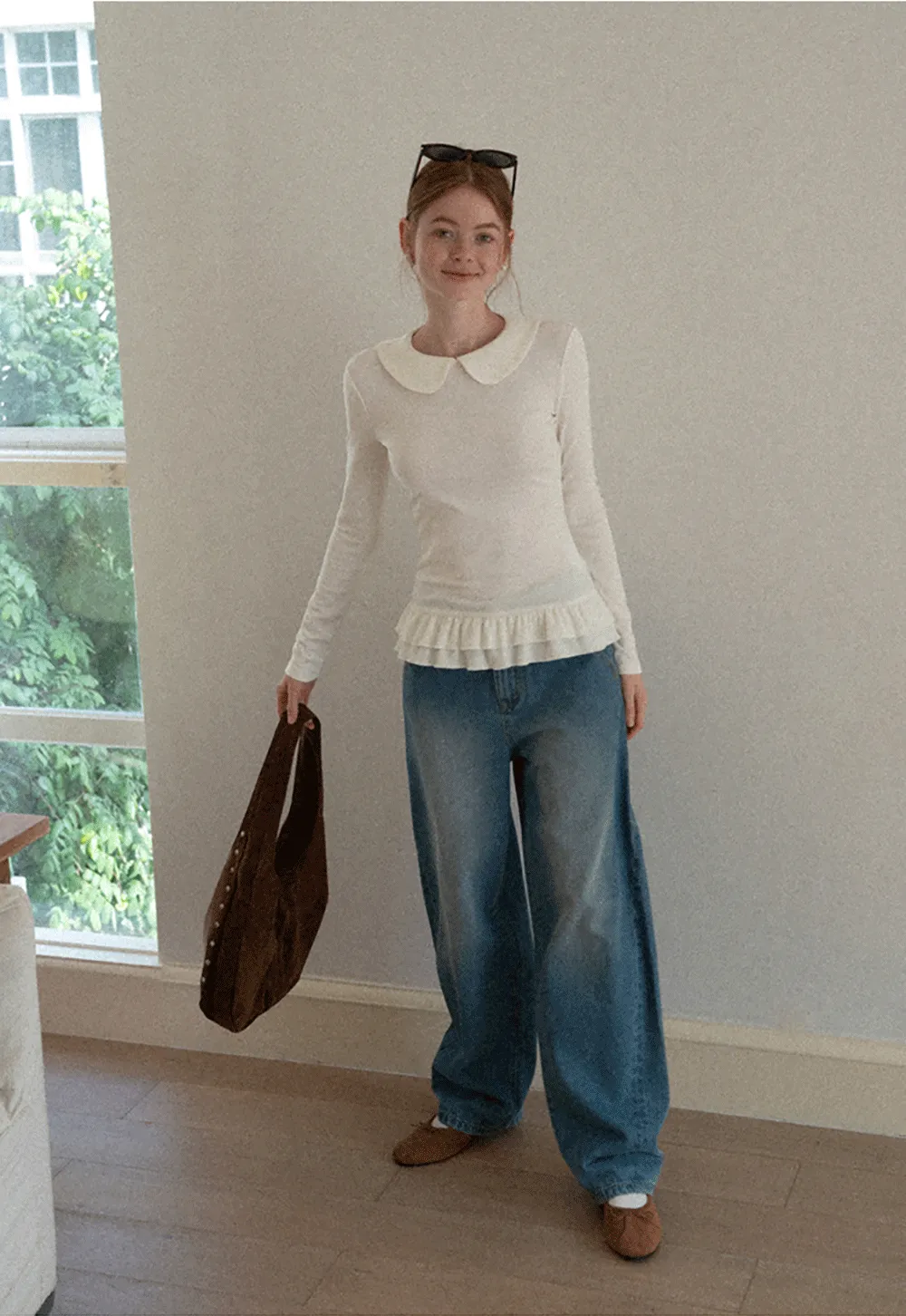 Elegant Long Sleeve Top with Ruffled Hem and Collar Design