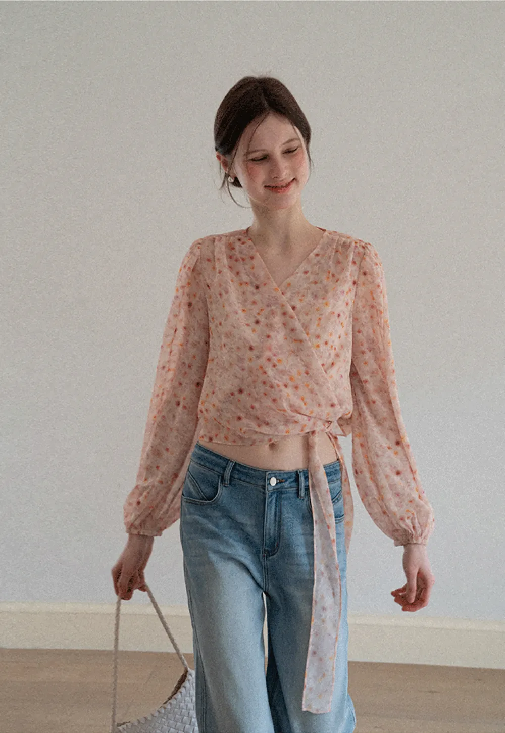 Lace Chiffon Wrap Blouse with Long Sleeves