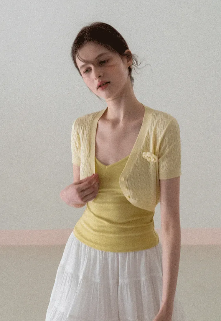 Short Sleeve Cable Knit Cardigan with Button Closure