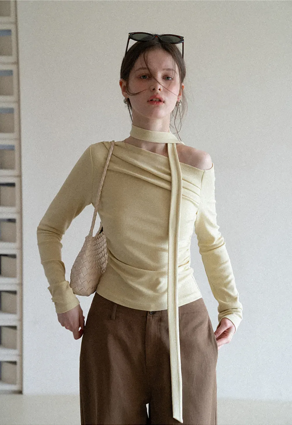 Long sleeve off shoulder top with neck tie detail