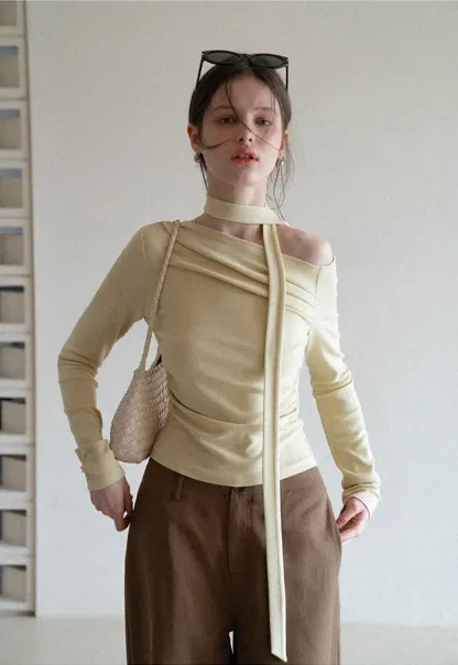 Long sleeve off shoulder top with neck tie detail