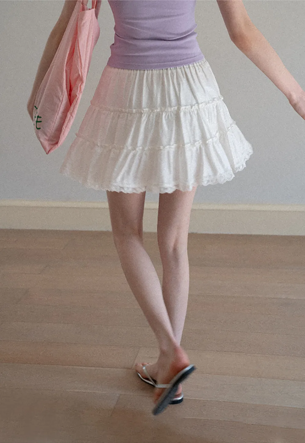 Tiered lace hem drawstring waist skirt