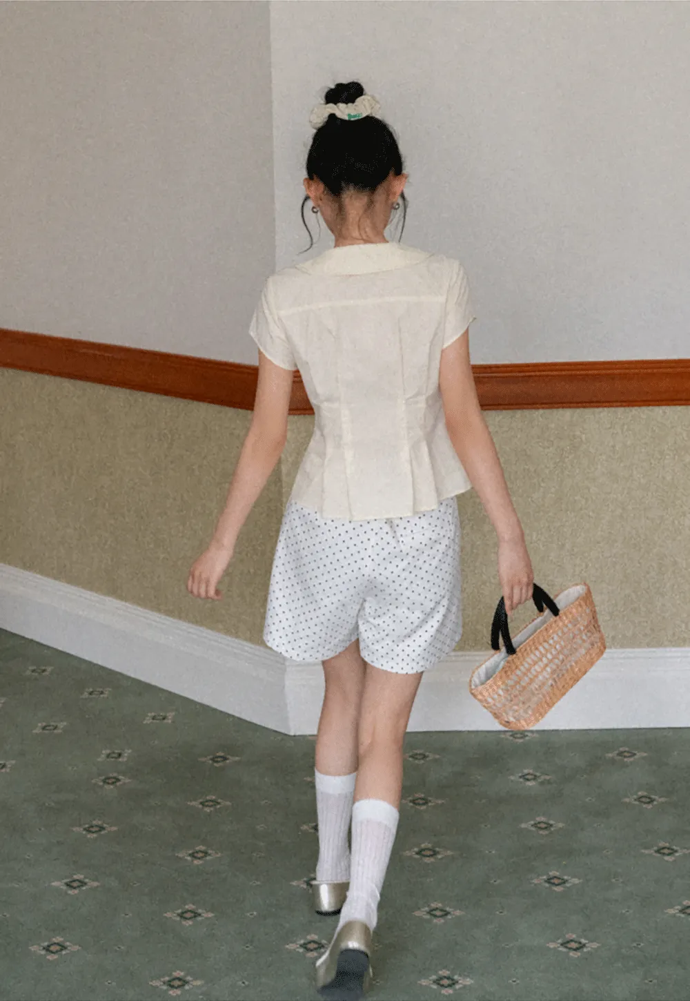 Short Sleeve Shirt with Peter Pan Collar and Peplum Hem