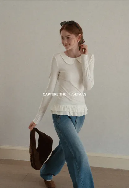 Elegant Long Sleeve Top with Ruffled Hem and Collar Design