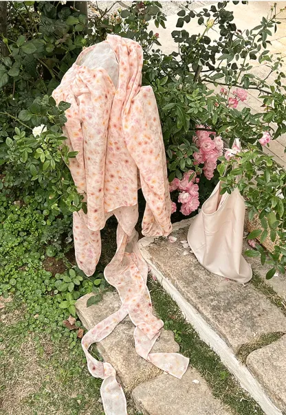 Lace Chiffon Wrap Blouse with Long Sleeves