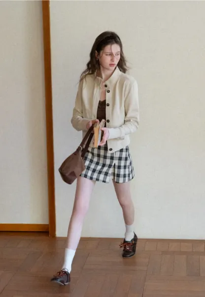 Plaid Skirt with Front Slit