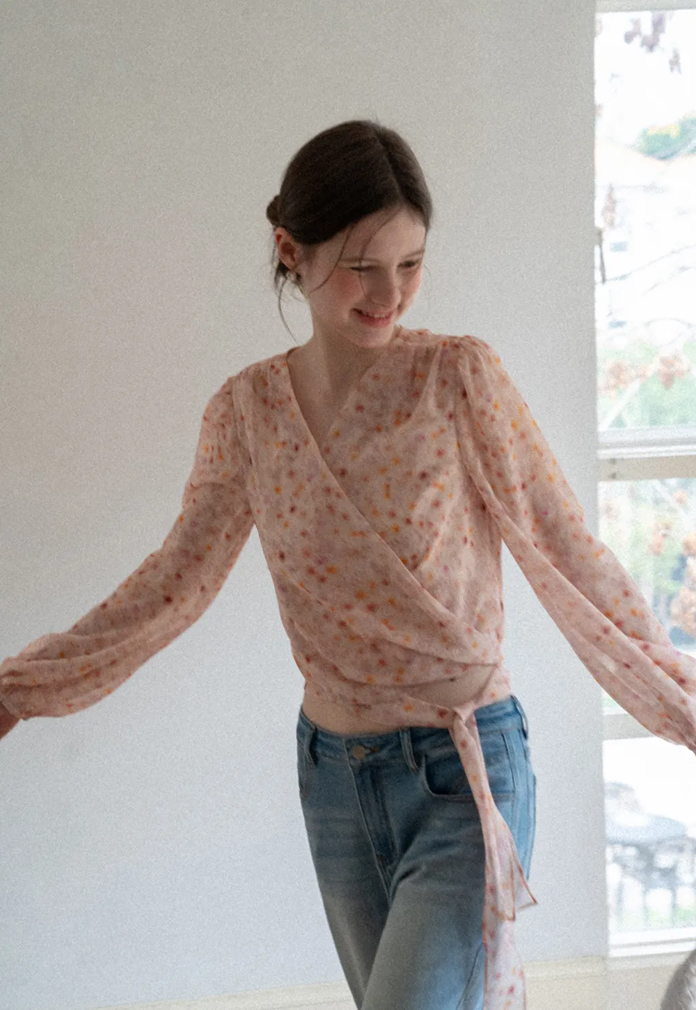 Lace Chiffon Wrap Blouse with Long Sleeves