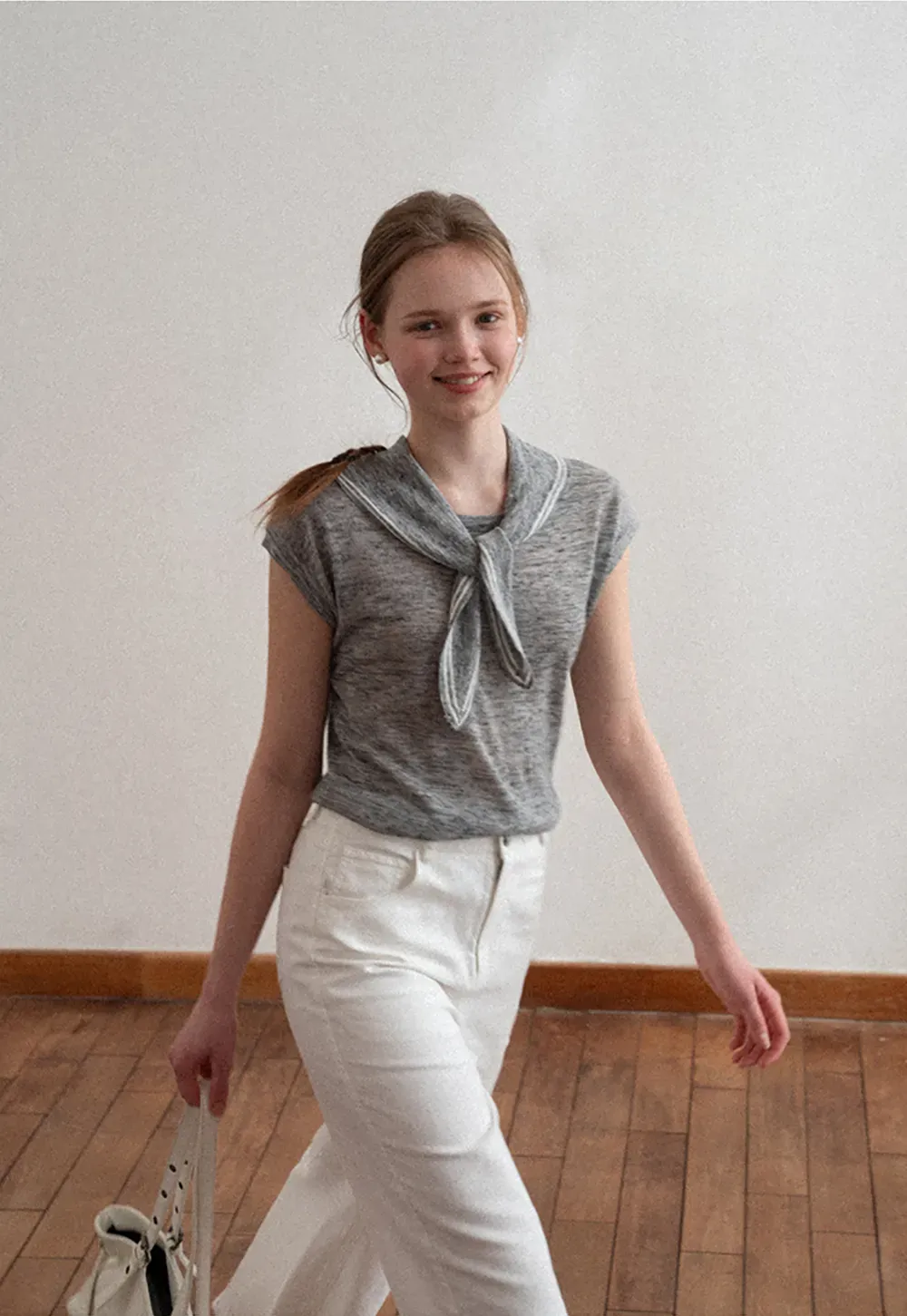 Short Sleeve Knit Sweater with Neck Tie Detail