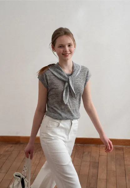 Short Sleeve Knit Sweater with Neck Tie Detail