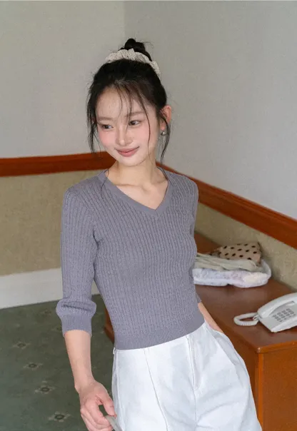 V Neck Ribbed Knit Crop Top