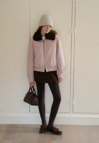 Stylish Short Jacket with Faux Fur Collar and Elastic Hem