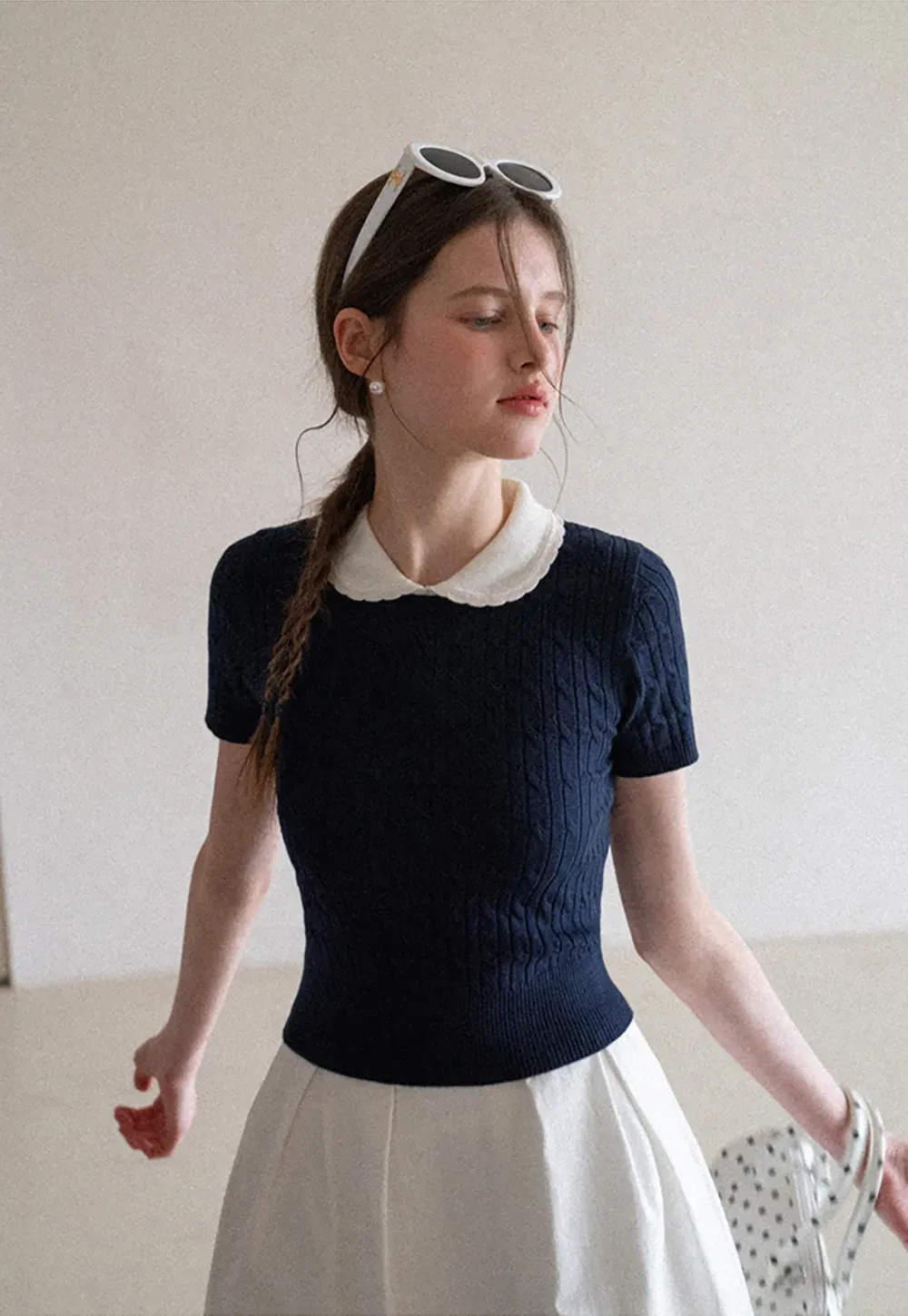 Cable Knit Short Sleeve Sweater with Collar