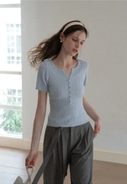 Cable Knit Short Sleeve V Neck Sweater