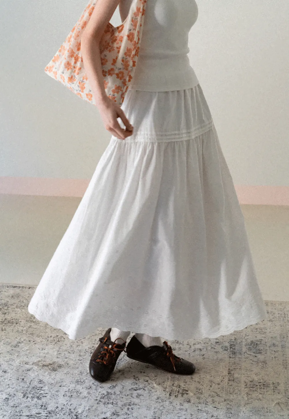 Tiered A-line Midi Skirt with Pleated Detail