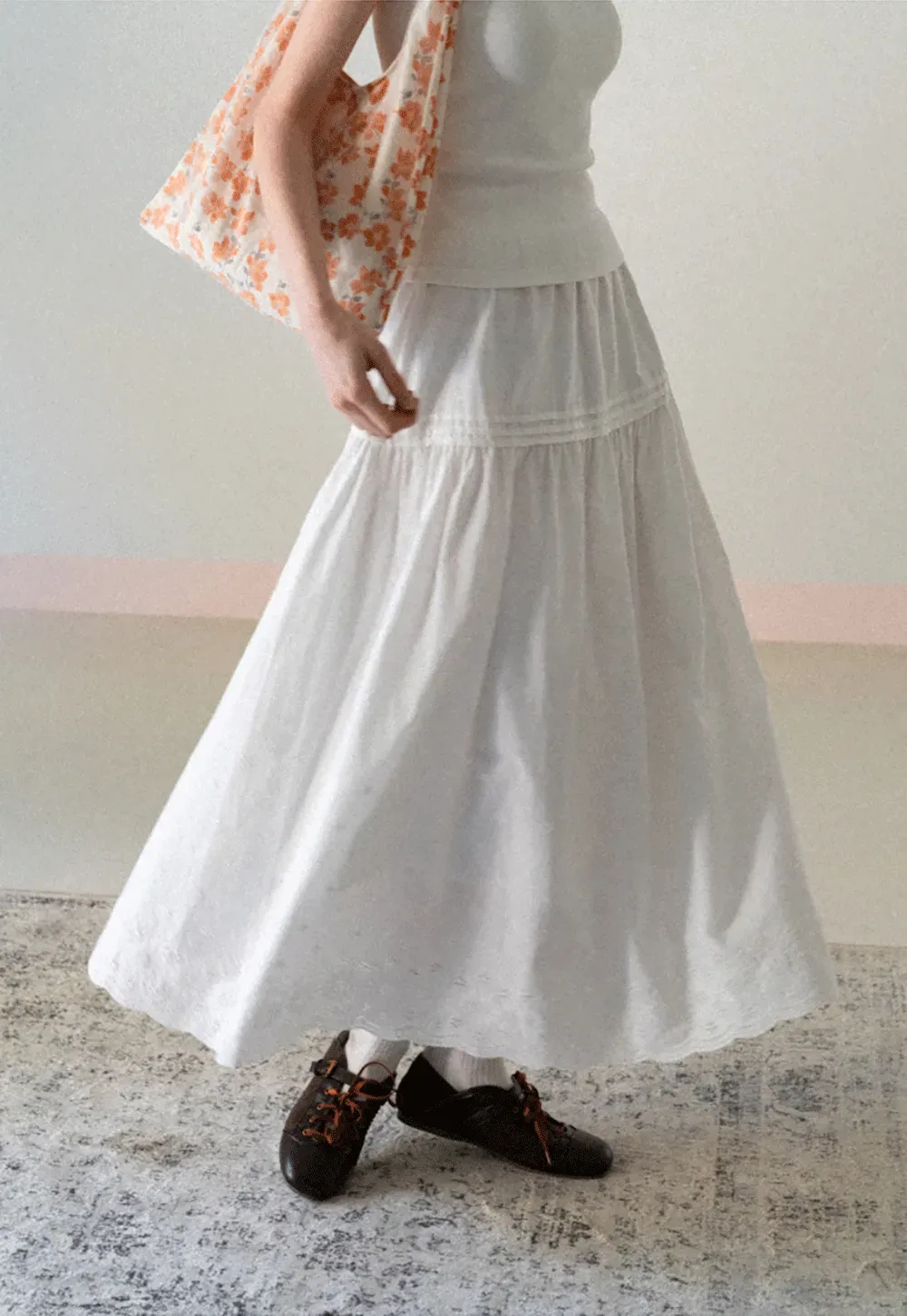 Tiered A-line Midi Skirt with Pleated Detail