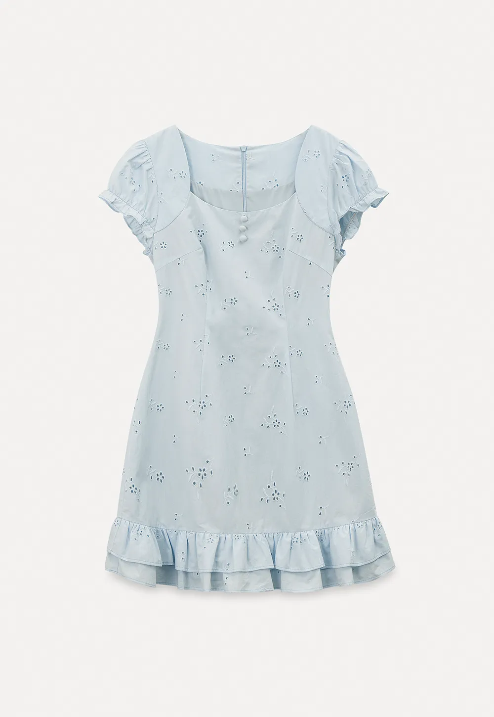 Eyelet dress with puff sleeves and ruffled hem