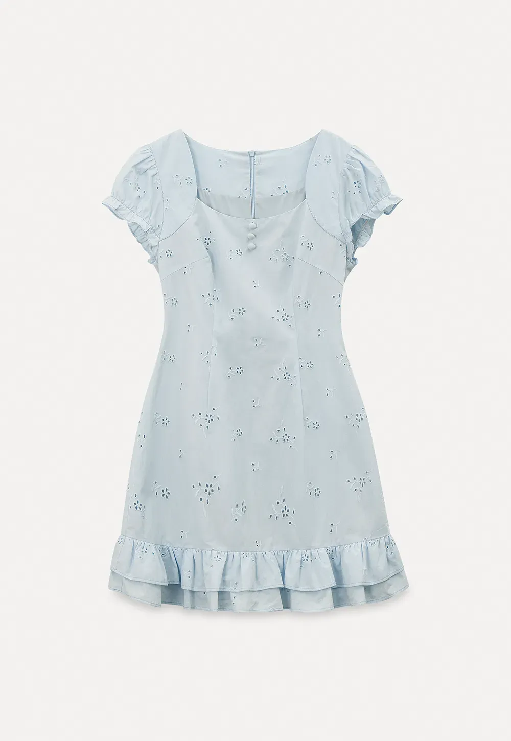 Eyelet dress with puff sleeves and ruffled hem
