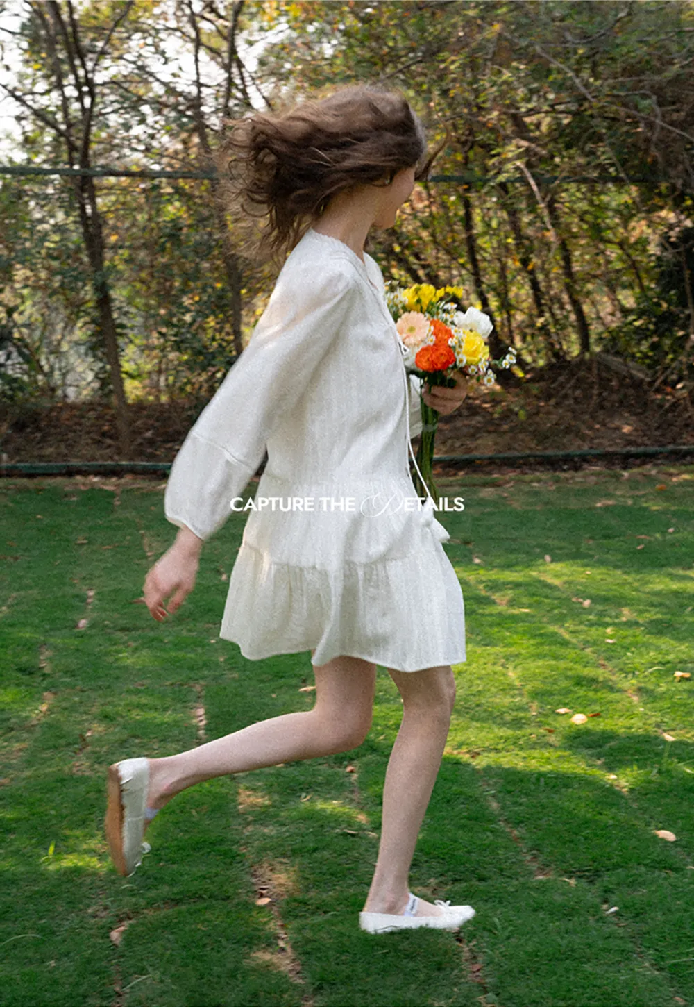 V neck long sleeve tiered dress with lace trim