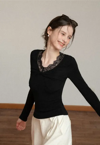 Elegant Black Lace-Trimmed Long Sleeve Top