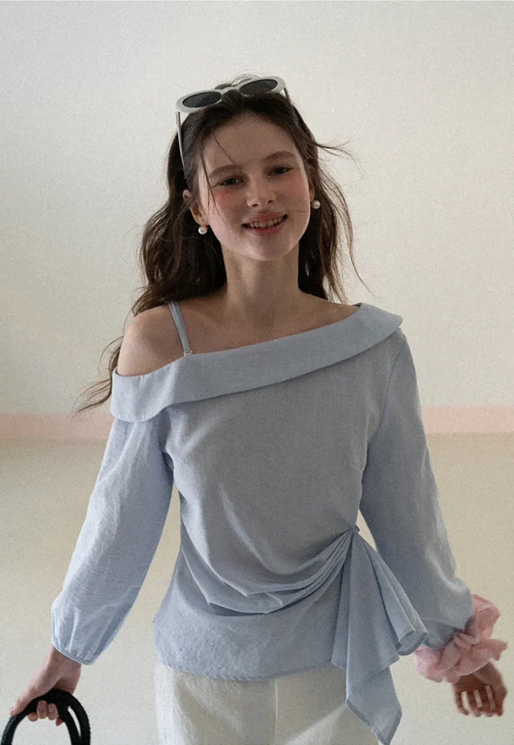 Off Shoulder Shirt with Ruched Sleeve Detail