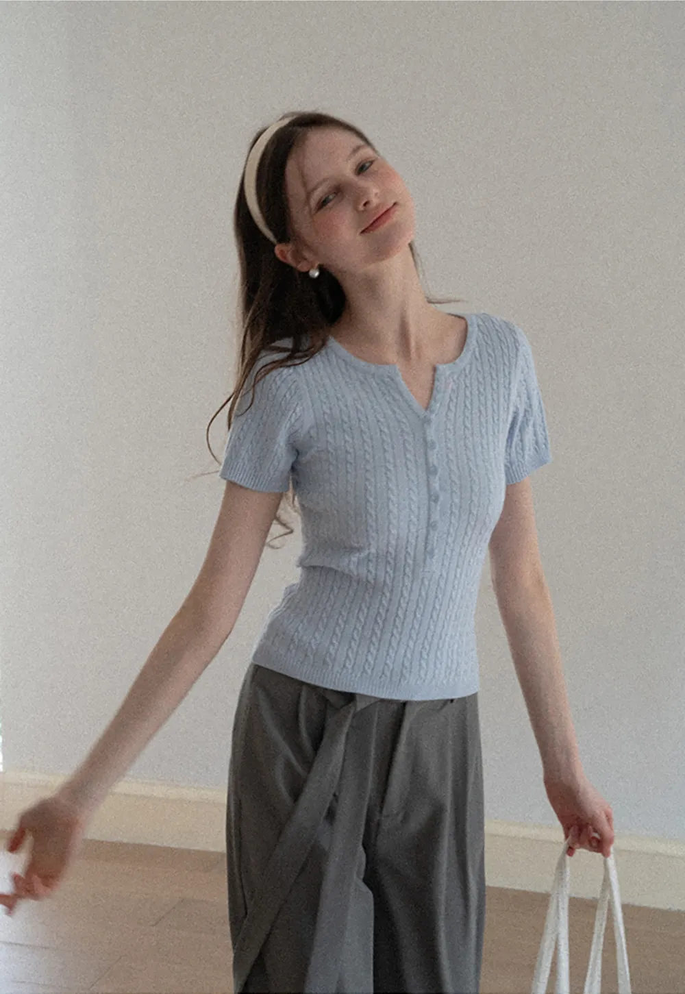 Cable Knit Short Sleeve V Neck Sweater