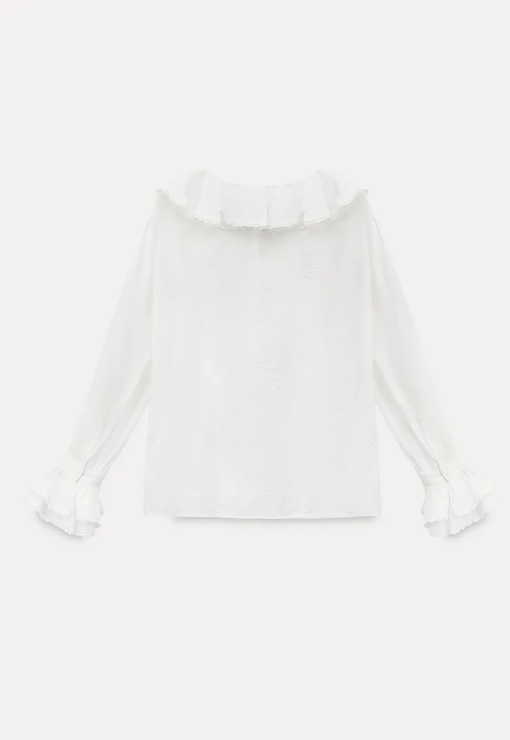 Elegant Blouse with Ruffled Neckline and Flared Sleeves