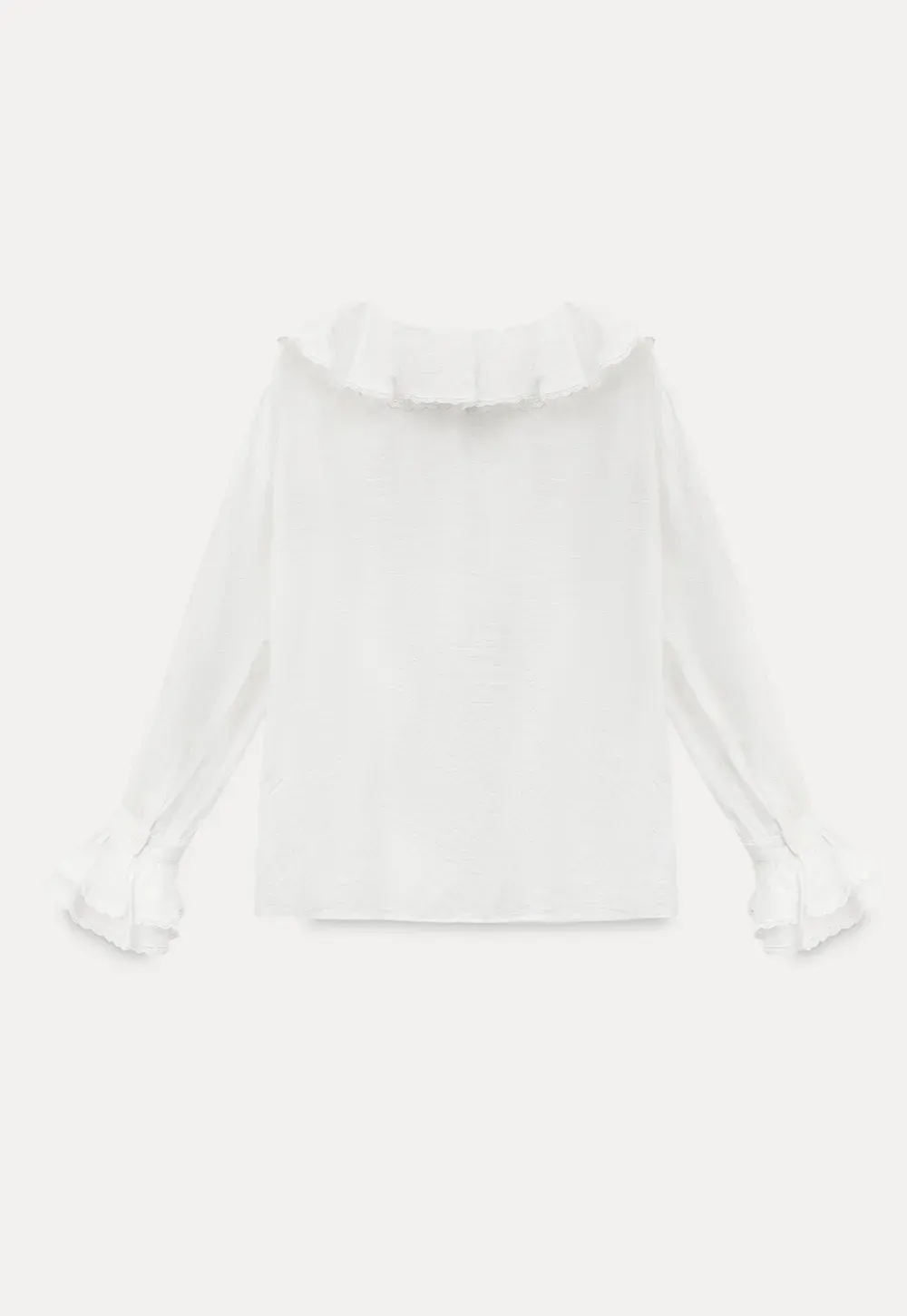 Elegant Blouse with Ruffled Neckline and Flared Sleeves