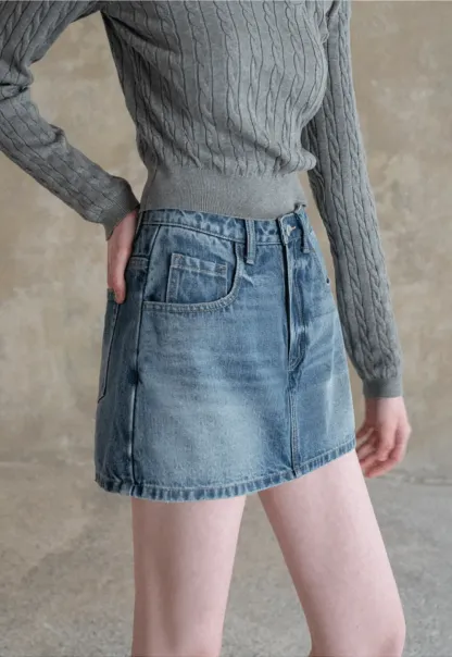 Denim Mini Skirt with Front Pocket and Frayed Hem