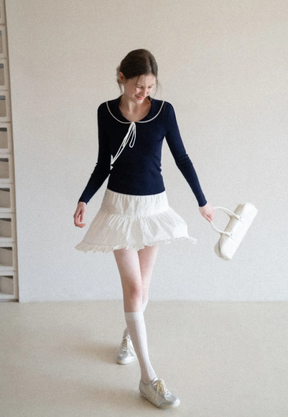 Knit Sweater with Collar and Tie Detail