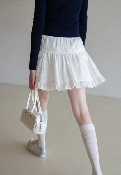 Eyelet Trimmed Tiered Skirt with Ruffled Hem