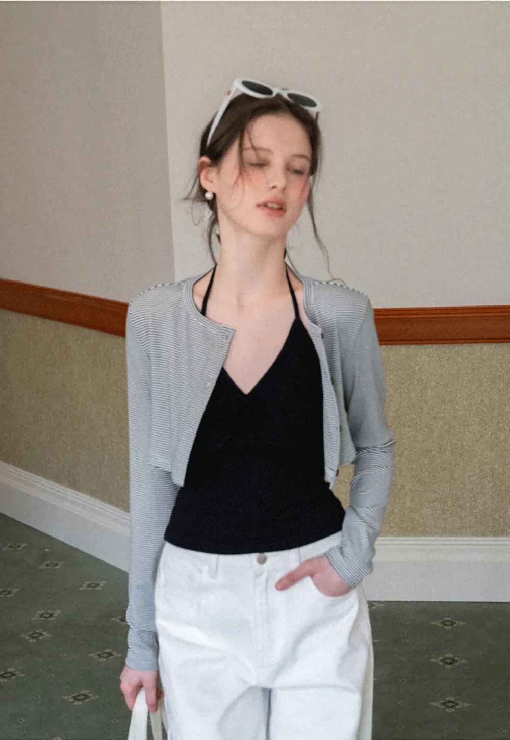 Striped cardigan with buttons and V neck tank top