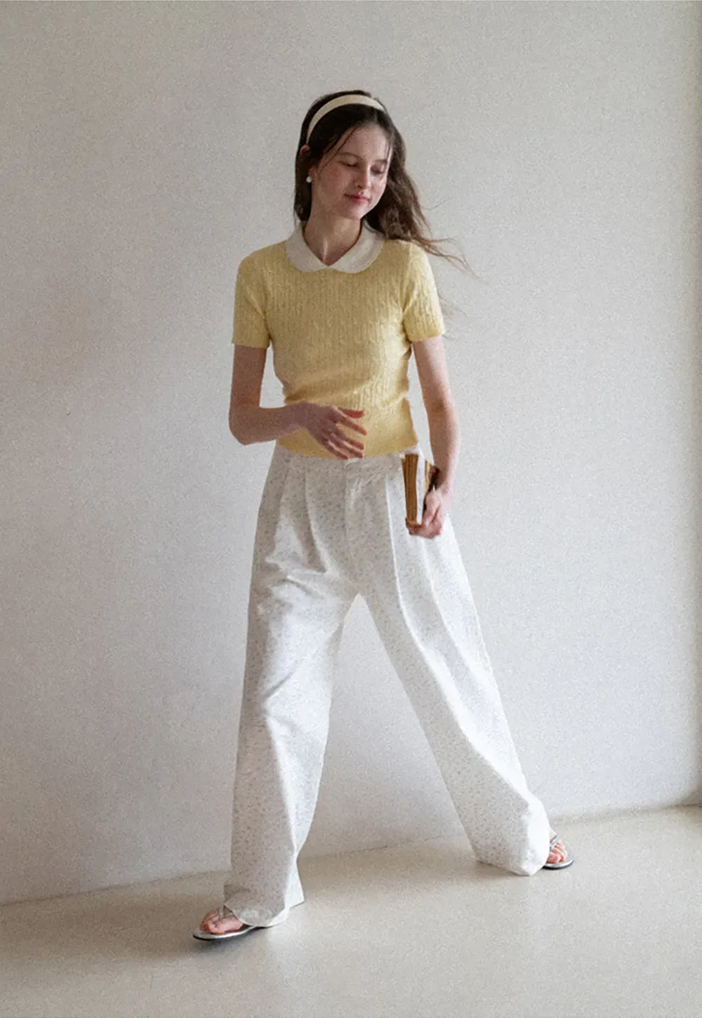 Cable Knit Short Sleeve Sweater with Collar