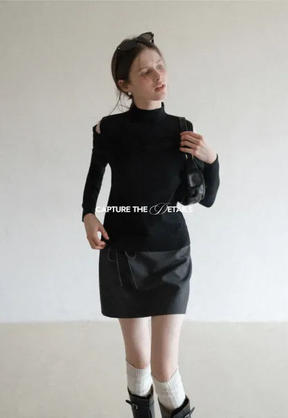 Elegant Off Shoulder Knit Sweater with Wave Detail