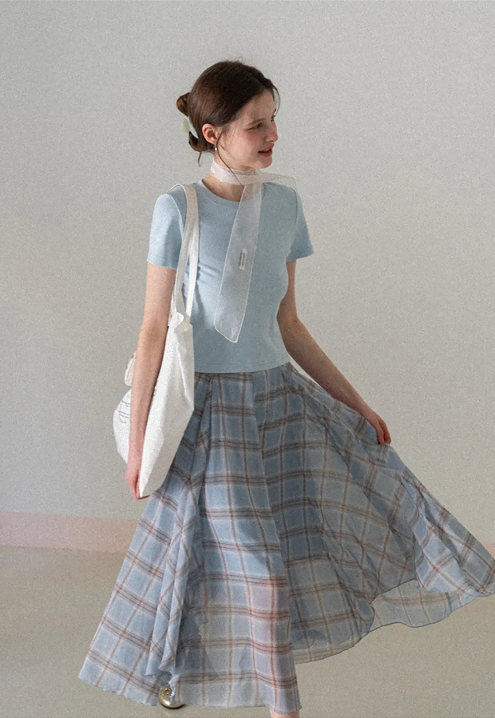 Pleated Plaid Midi Skirt with Asymmetrical Hem