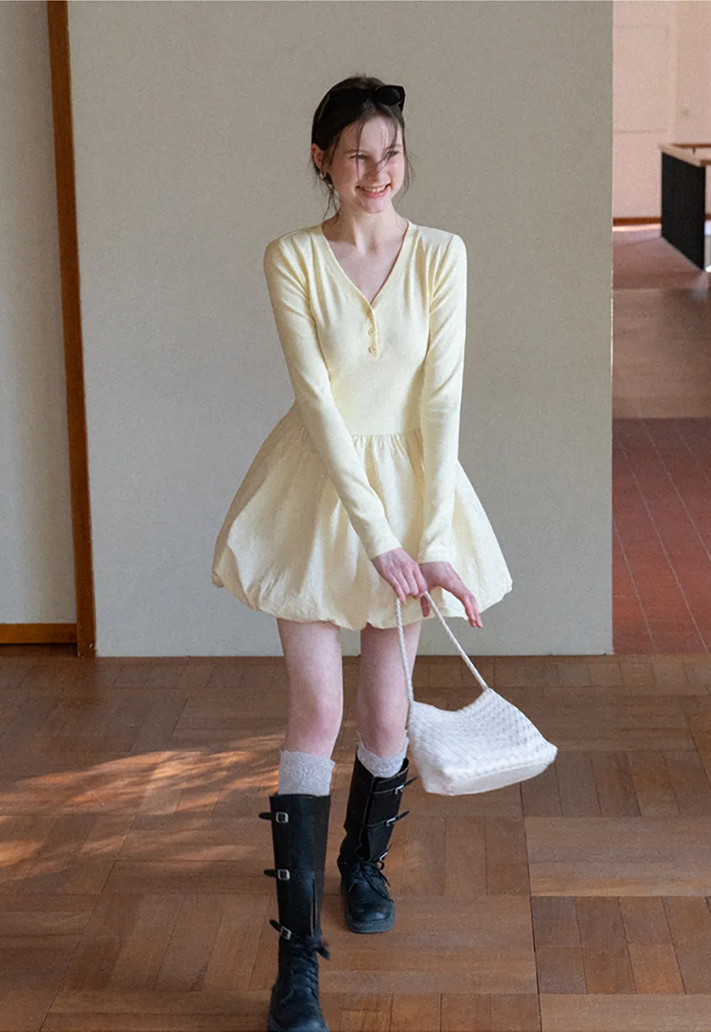 V neck long sleeve dress with flared skirt