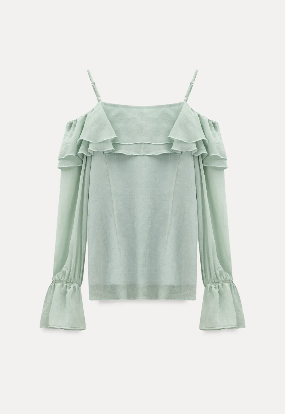 Off Shoulder Blouse with Ruffled Layers and Floral Embellishment